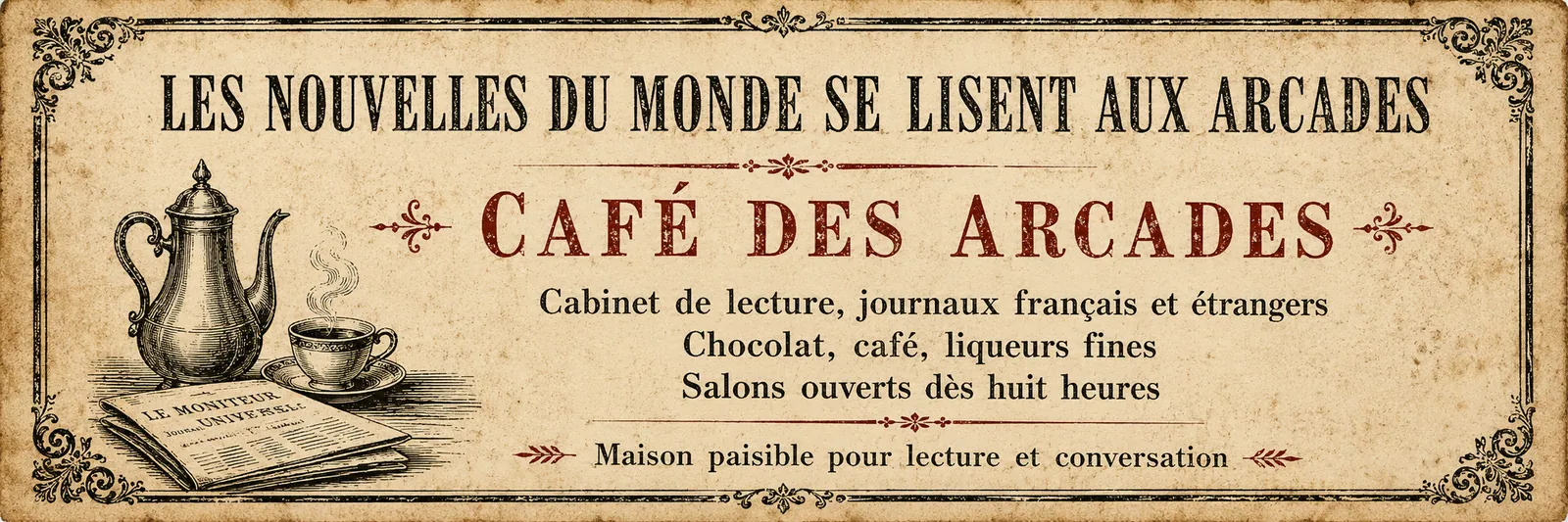 Annonce pour le Café des Arcades : cabinet de lecture, journaux français et étrangers, chocolat, café et liqueurs fines.