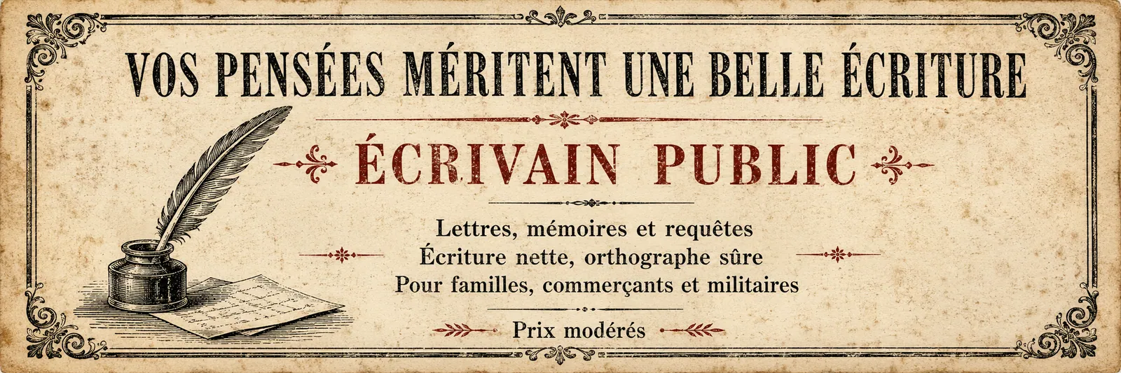 Annonce pour un écrivain public : lettres, mémoires et requêtes, écriture nette et orthographe sûre.