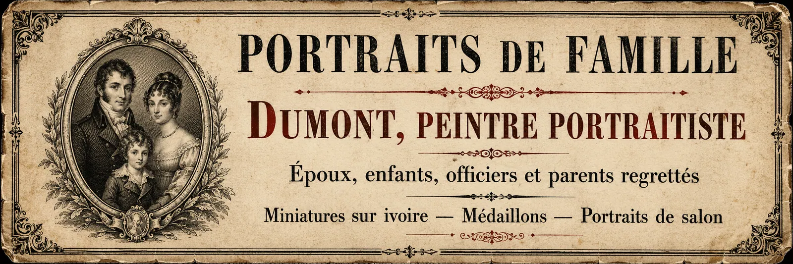 Annonce pour Dumont, peintre portraitiste : portraits de famille, miniatures sur ivoire, médaillons et portraits de salon.