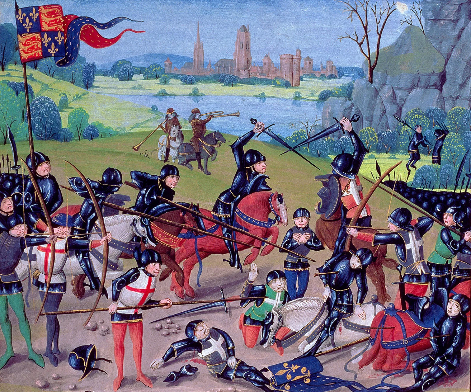 Enluminure médiévale de la bataille d'Azincourt : chevaliers en armure, archers et combattants à terre dans une plaine.
