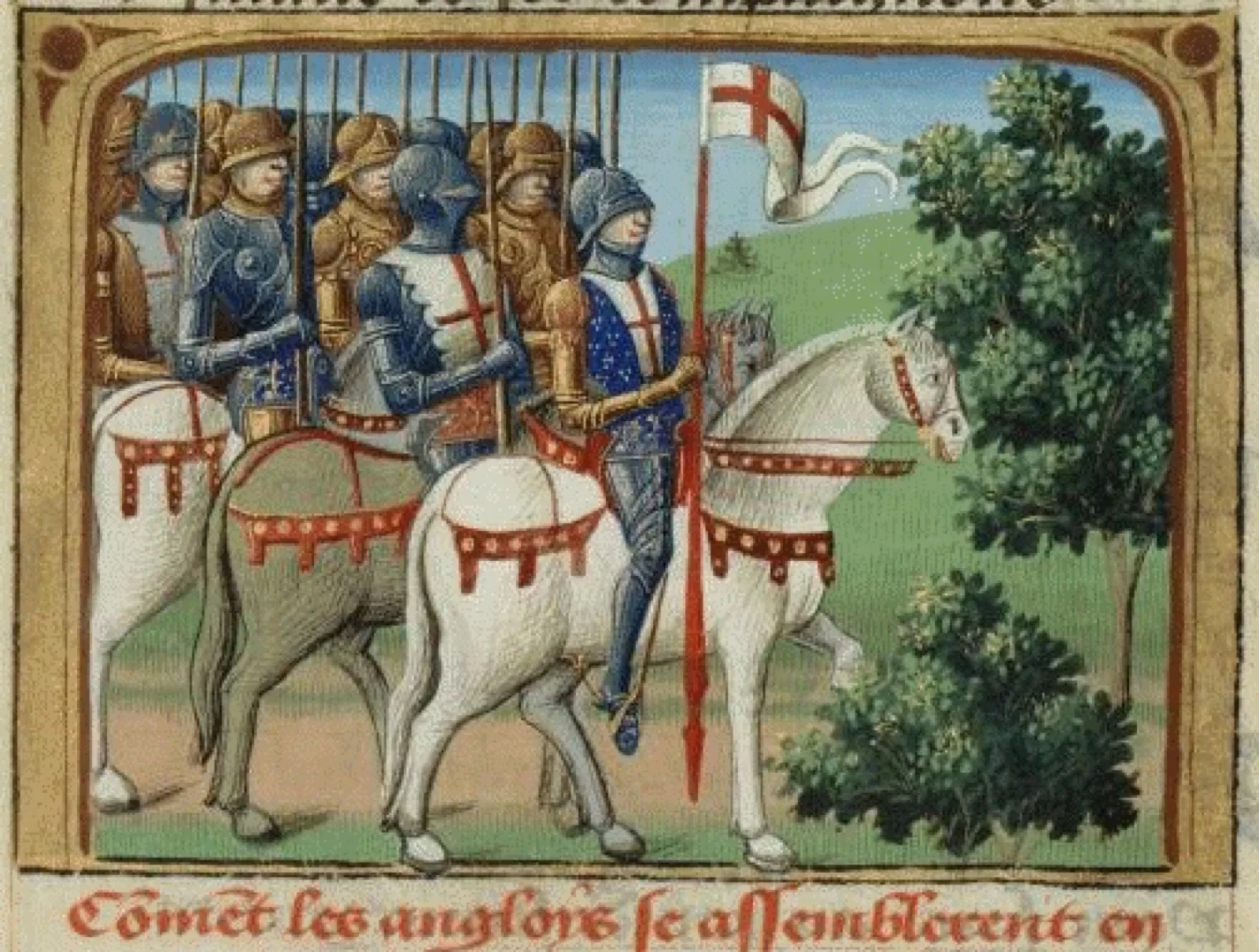 Chevauchée de l'armée anglaise en armure, lances dressées et croix de Saint-Georges, à travers la campagne — enluminure médiévale.