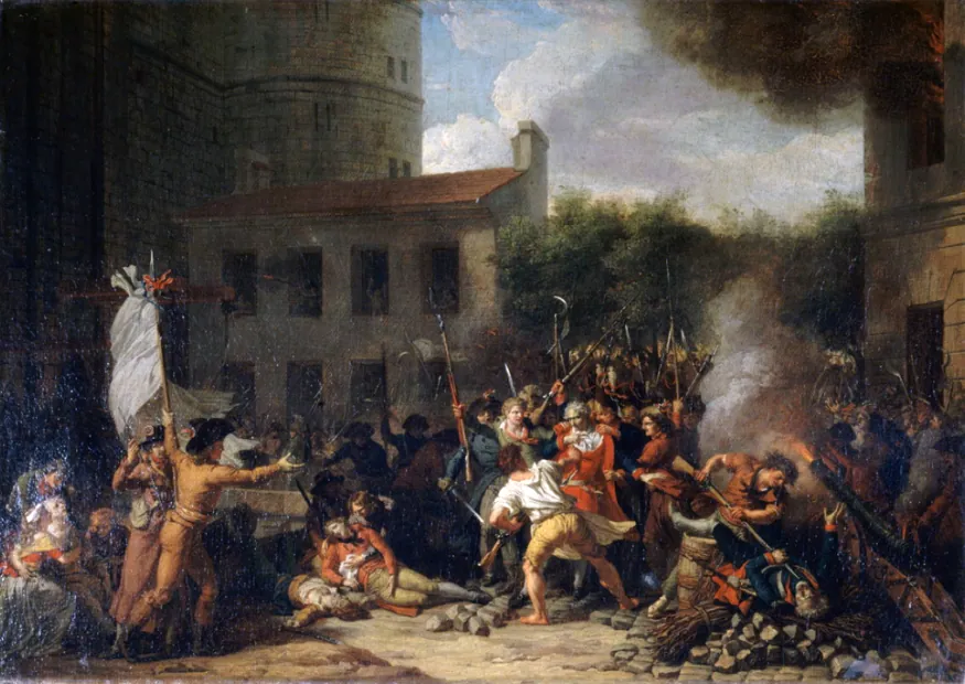 La foule et les soldats des Gardes françaises donnent l’assaut à la forteresse de la Bastille, le 14 juillet 1789.