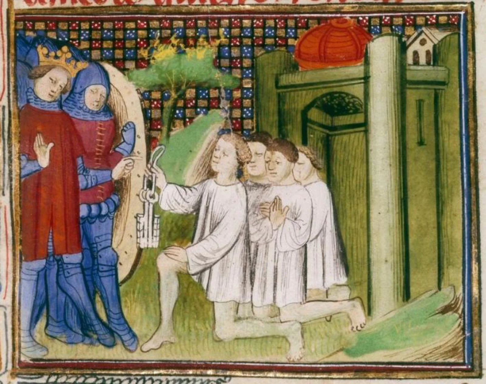 Enluminure médiévale : à gauche, le roi d’Angleterre couronné entouré de soldats en armes ; à droite, les bourgeois de Calais agenouillés en simple chemise, la corde au cou, l’un tendant les clefs de la ville.