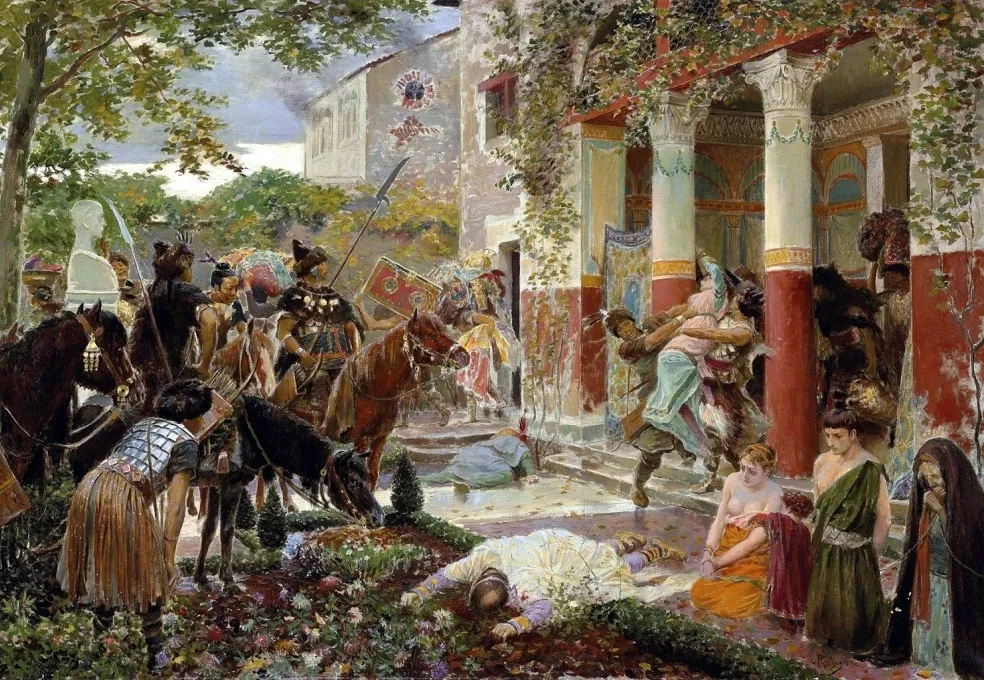 Cavaliers huns au galop dans une plaine, lances et drapeaux brandis, tableau académique évoquant l’invasion de la Gaule en 451.