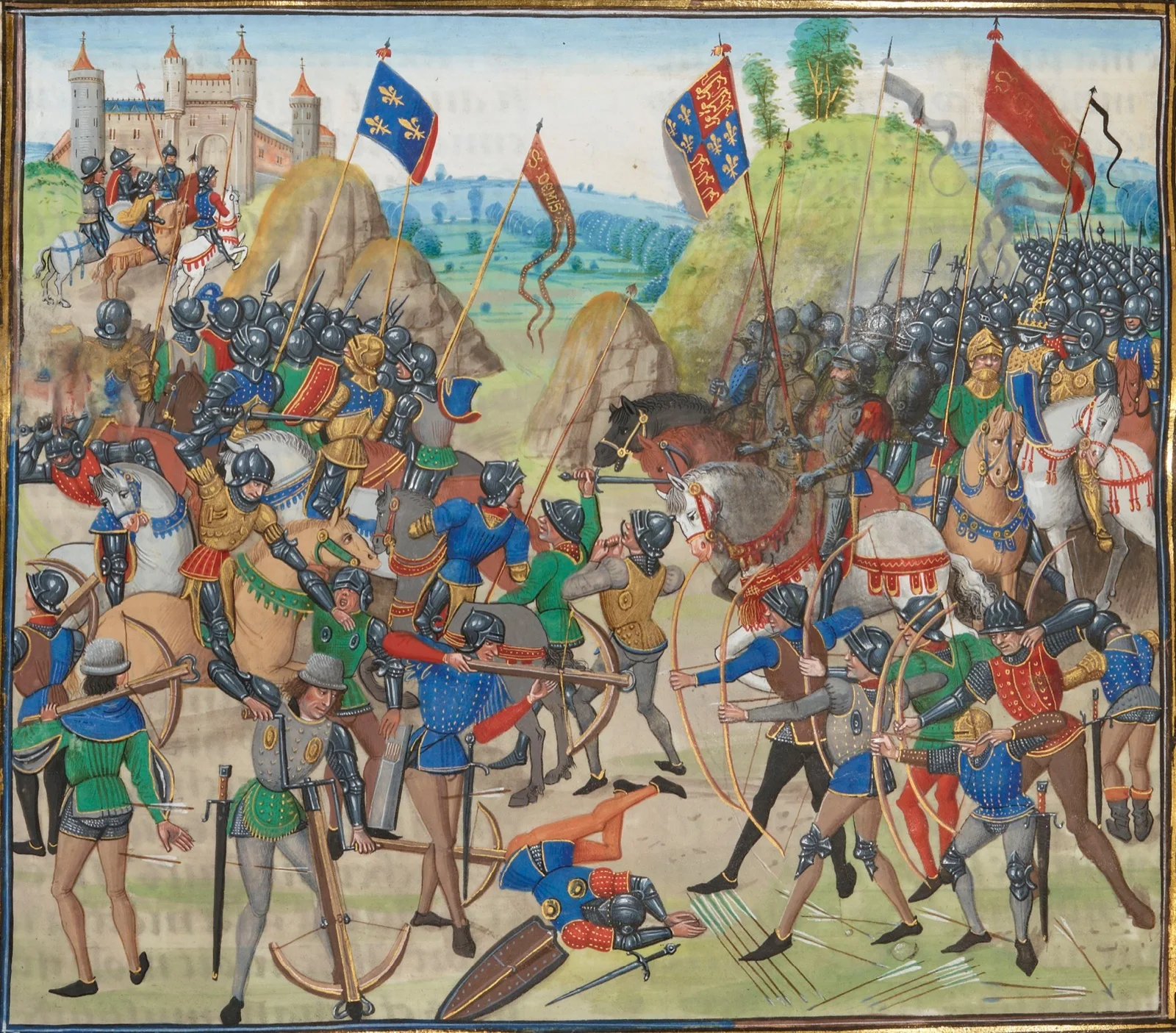 Enluminure de la bataille de Crécy (1346) : archers anglais et chevalerie française, Chroniques de Froissart.