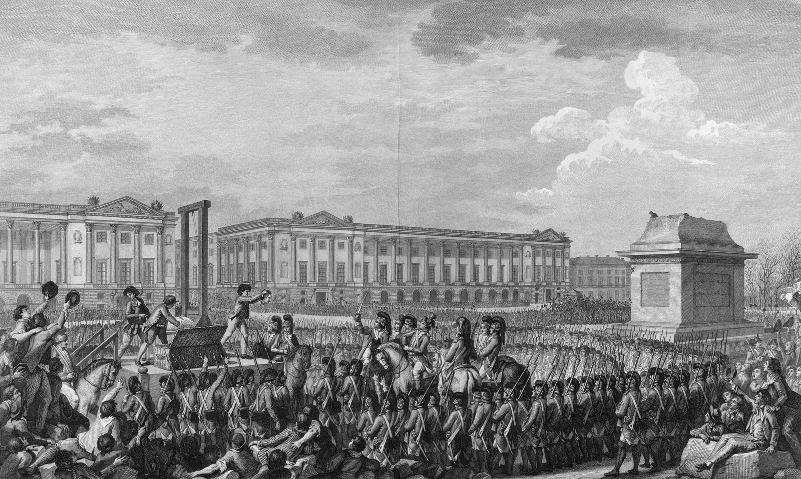 Vue d’ensemble de la place de la Révolution lors de l’exécution de Louis XVI, le 21 janvier 1793, avec la foule et l’échafaud.