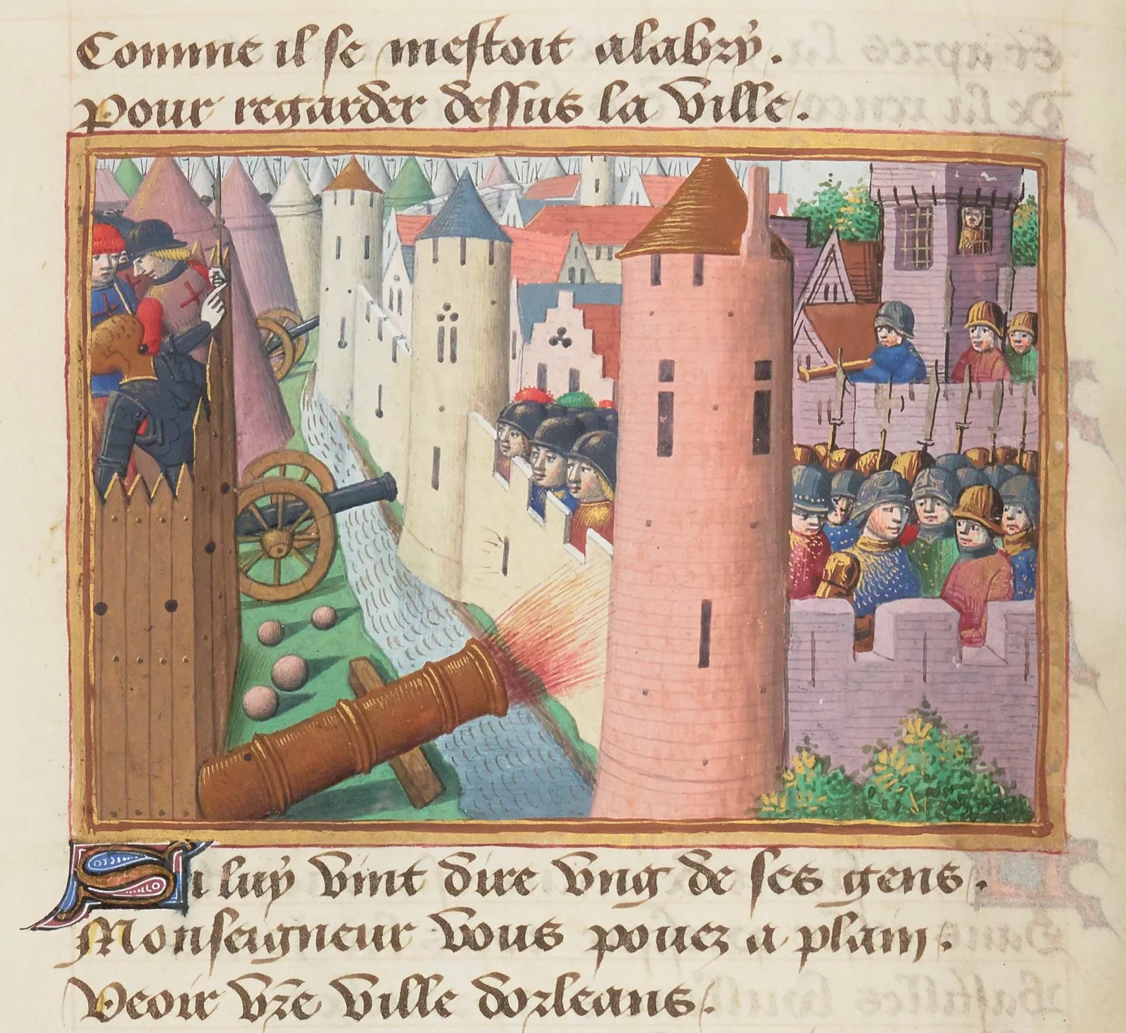 Enluminure médiévale du siège d'Orléans : une bombarde tire sur les remparts de la ville fortifiée, dominée par une grande tour, tandis que des soldats casqués garnissent les murailles.