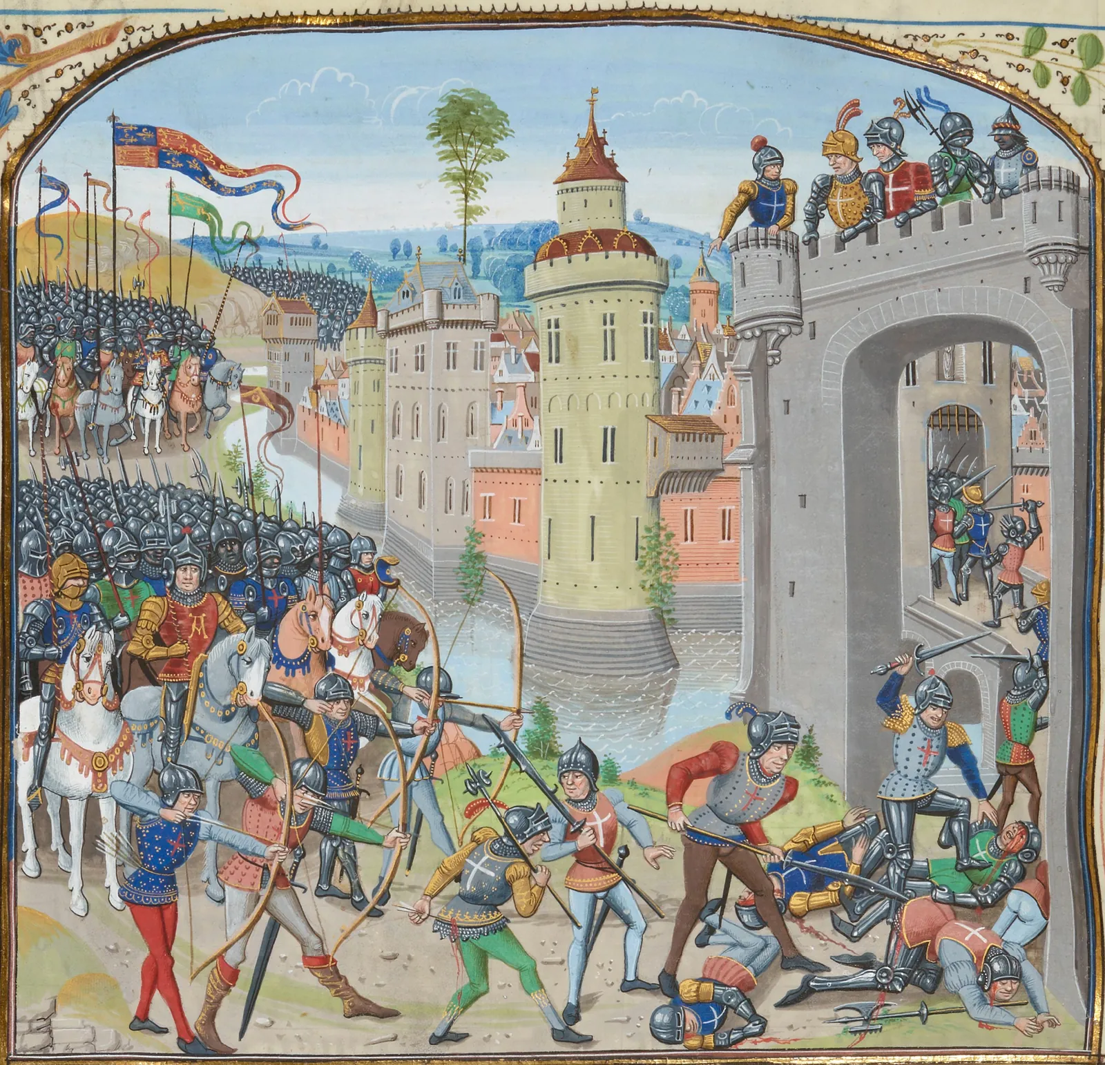 Enluminure médiévale : assaut d'une ville fortifiée au bord d'un fleuve — archers et hommes d'armes franchissent vers les remparts et les tours défendues par des soldats.