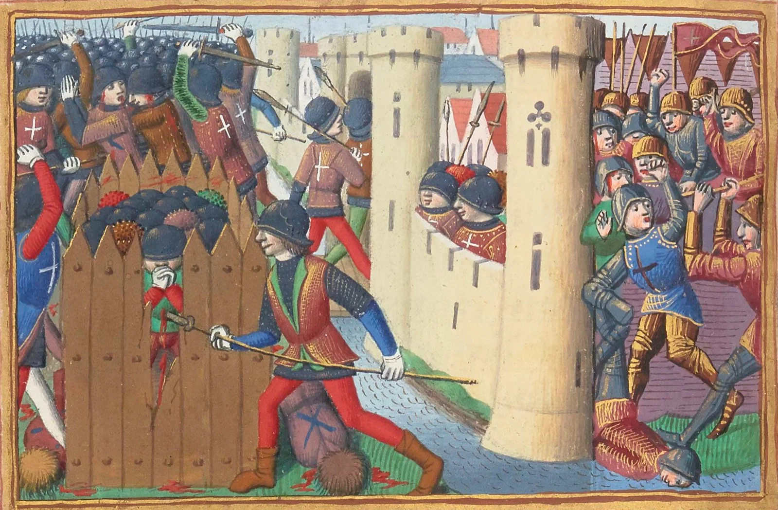 Enluminure du siège d'Orléans — soldats en armure s'affrontant au pied d'une bastille anglaise avec tour cylindrique et palissade.