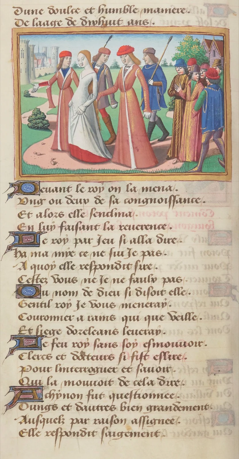 Enluminure du XVe siècle montrant Jeanne d'Arc conduite devant le roi, entourée de courtisans.