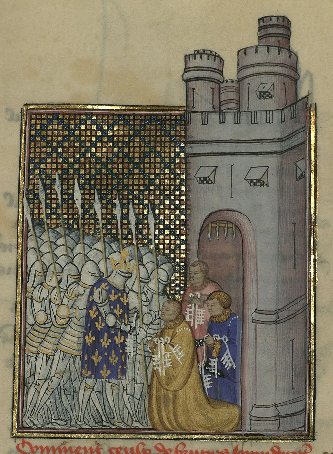 Enluminure du XVe siècle figurant une armée royale, bannières fleurdelisées en tête, arrivant aux portes ouvertes d'une ville fortifiée où les habitants l'accueillent agenouillés.