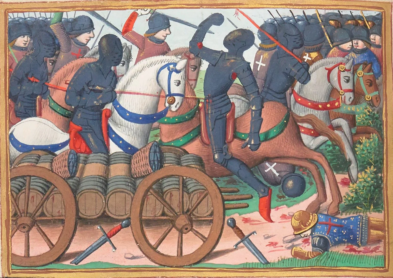 Enluminure médiévale représentant la bataille de Rouvray : cavaliers en armure autour de chariots chargés de tonneaux, armes jonchant le sol.