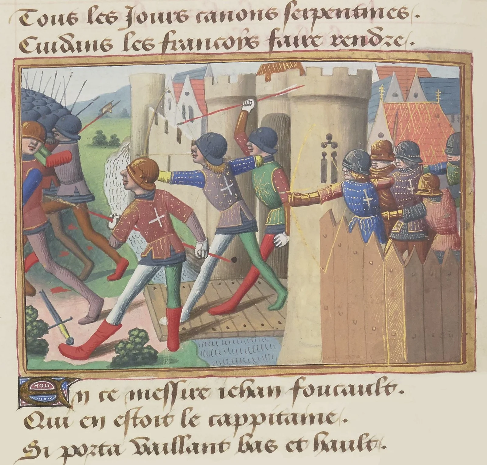 Enluminure du XVe siècle figurant l'assaut d'une place forte : tour de pierre prise d'assaut, défenseurs aux créneaux, assaillants à l'arbalète et à la pique au pied des remparts.