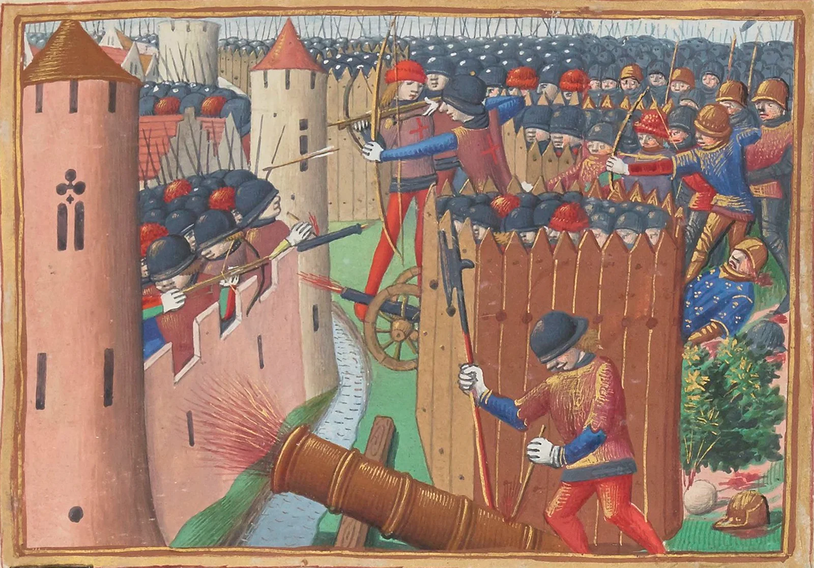 Enluminure du siège d'Orléans : un canon (bombarde) tire depuis la ville, soldats aux remparts.