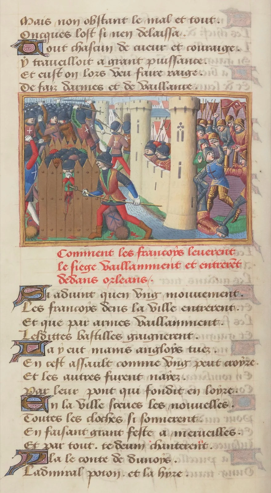 Enluminure médiévale : les troupes françaises lèvent le siège d'Orléans en mai 1429, assaut de la ville et déroute des Anglais.