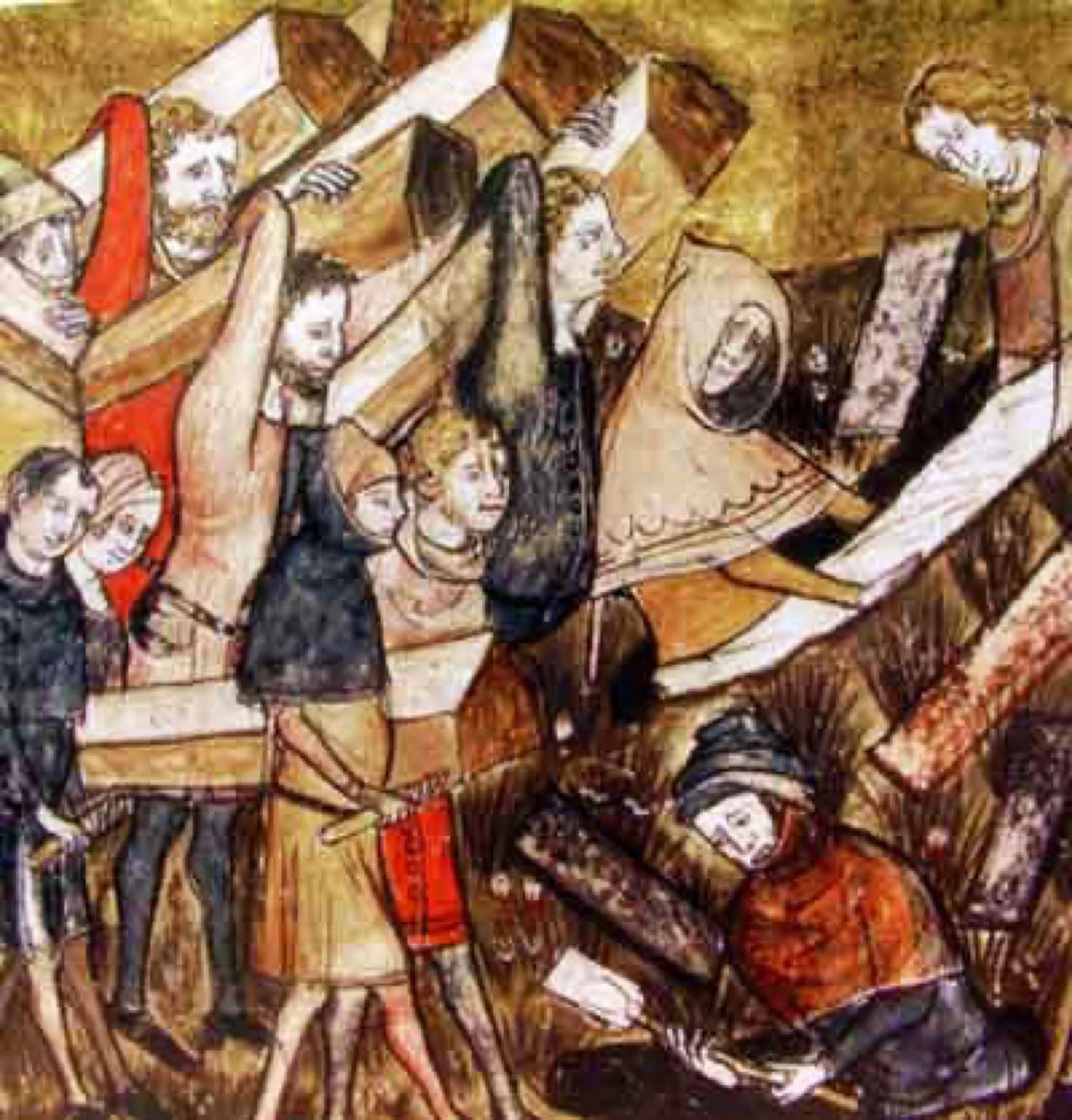 Enluminure médiévale montrant l’enterrement des victimes de la grande mortalité à Tournai : des habitants portent et descendent en terre des cercueils tandis qu’un fossoyeur place un corps en bière.