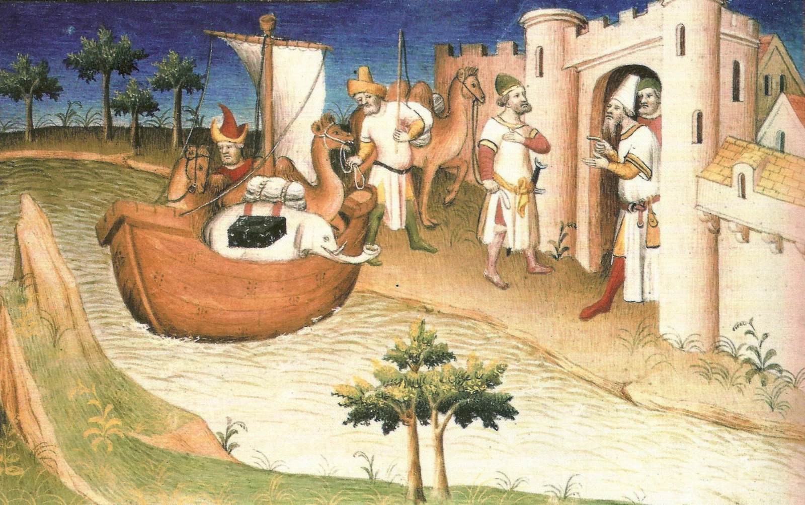 Enluminure médiévale : une nef quitte un port méditerranéen vers l’Orient, longeant une cité fortifiée, tandis qu’une caravane de cavaliers et de chameaux s’éloigne sur le rivage.