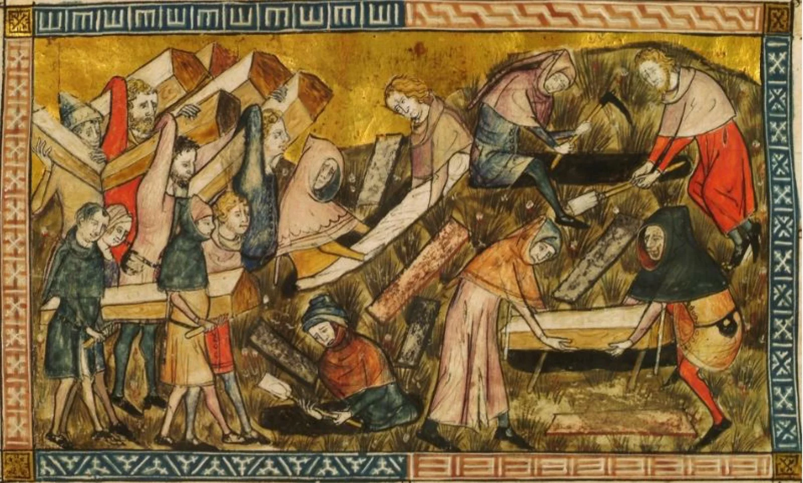 Enluminure médiévale : des habitants portent et déposent des cercueils dans une fosse commune lors de la grande mortalité.