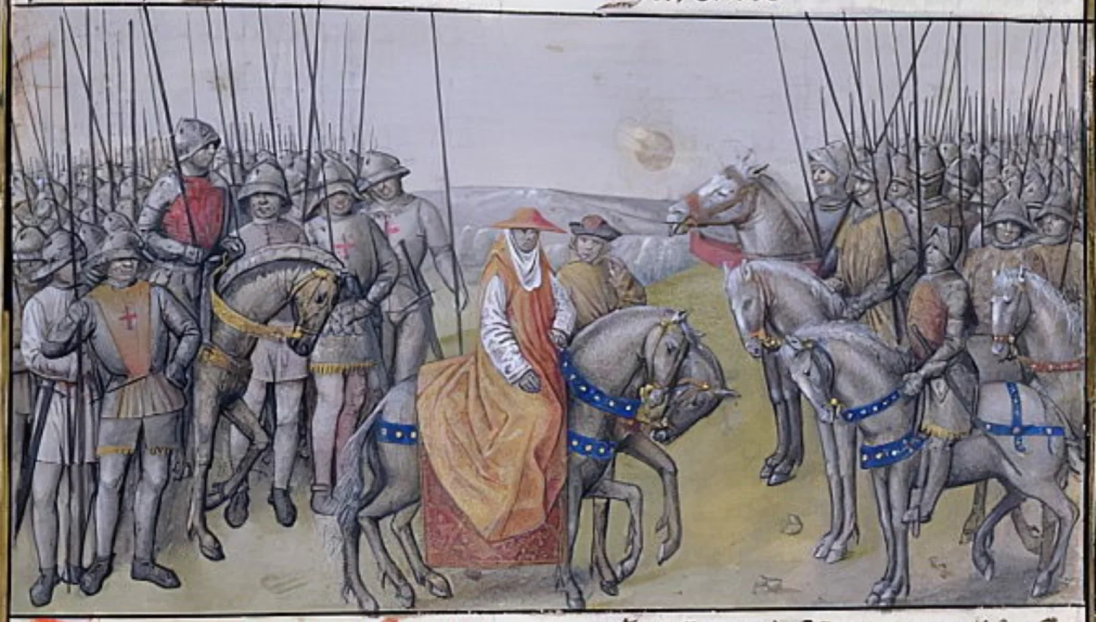 Jean II le Bon fait prisonnier par les Anglais à la bataille de Poitiers, enluminure du XVe siècle.