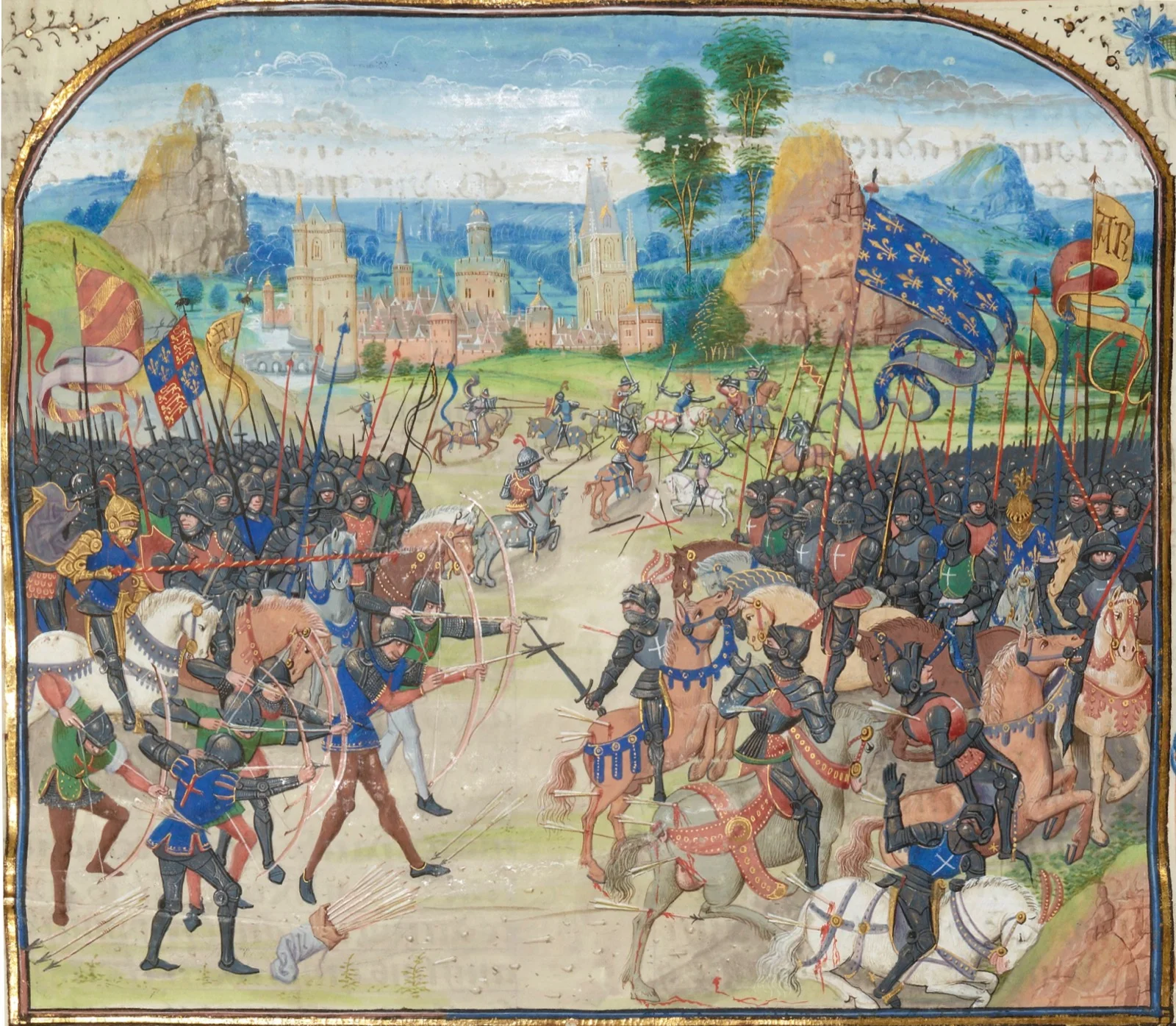 Enluminure médiévale de la bataille de Poitiers : à gauche les archers anglais décochent leurs flèches, à droite les chevaliers français chargent sous la bannière fleurdelisée, devant les murailles de la ville.
