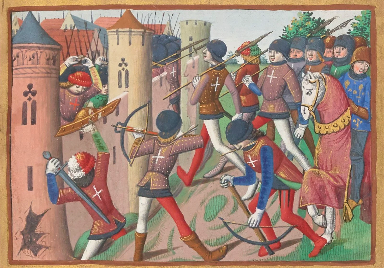Enluminure médiévale : assaut d'une ville fortifiée de la Loire, archers et hommes d'armes du roi montant à l'assaut des murailles défendues.