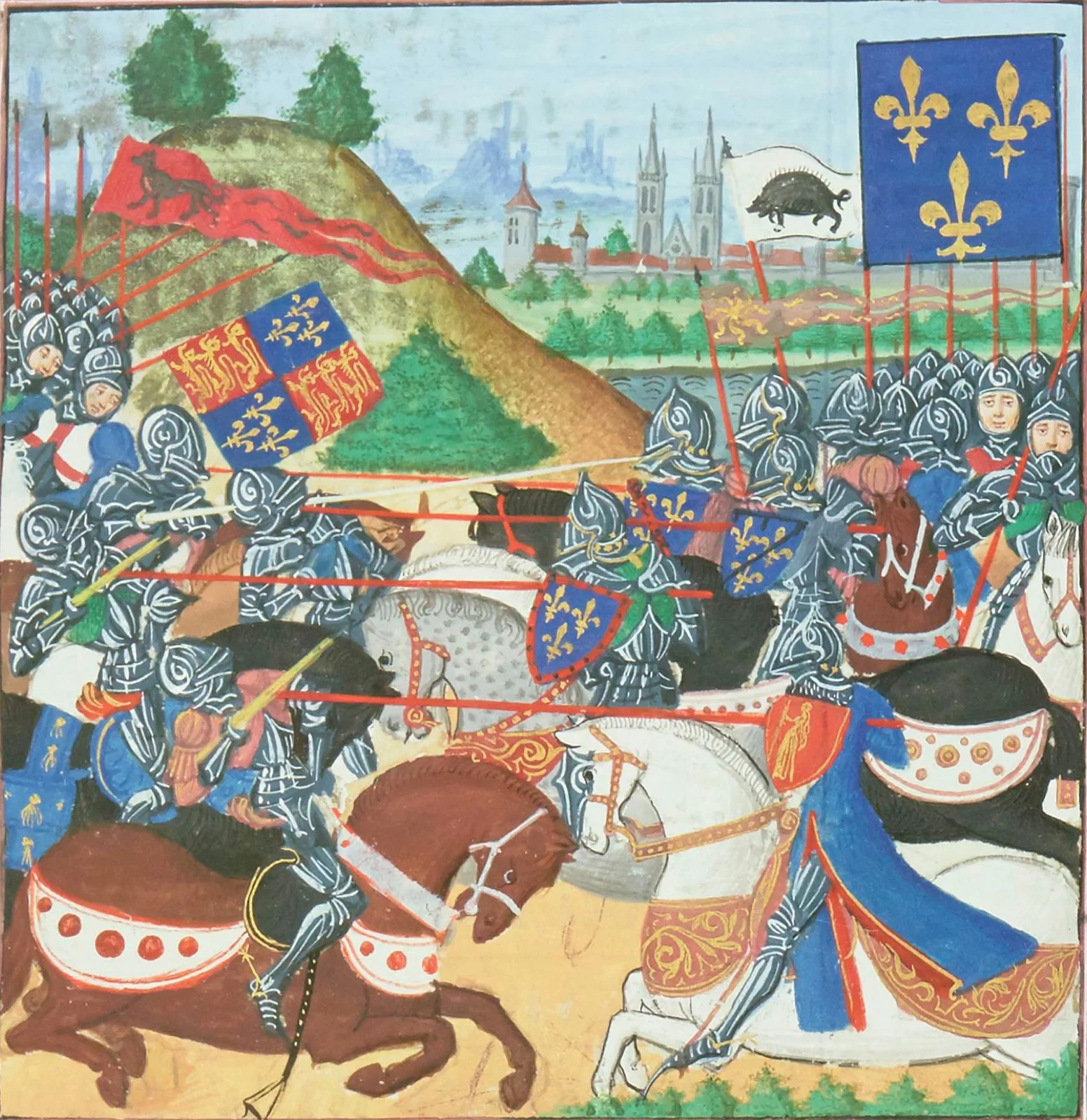 Enluminure médiévale représentant la bataille de Patay (1429) : mêlée de cavaliers en armure, lances croisées, bannières aux lys de France et aux armes anglaises.