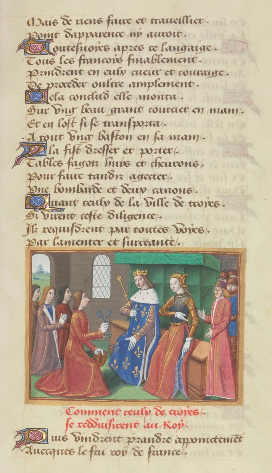 Enluminure médiévale : les notables de Troyes, agenouillés, remettent les clefs de leur ville au roi Charles VII trônant, en présence de Jeanne d'Arc.