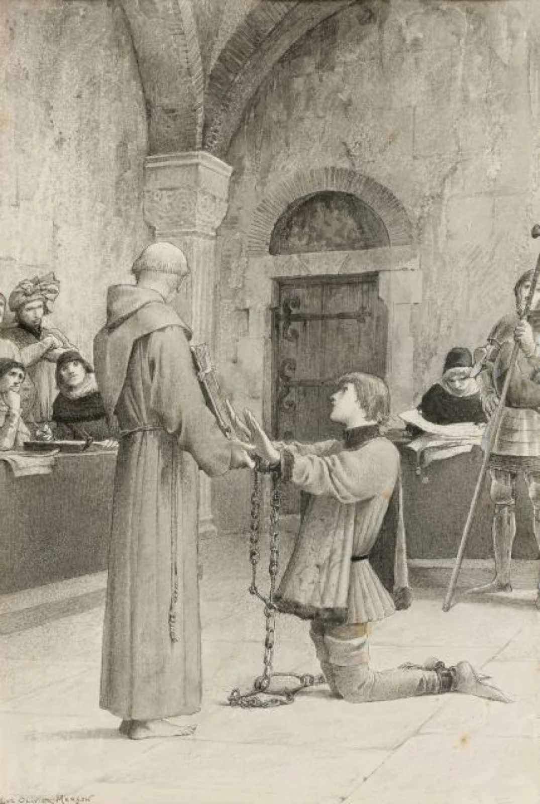 Jeanne d’Arc enchaînée, agenouillée devant ses juges ecclésiastiques dans la salle du tribunal