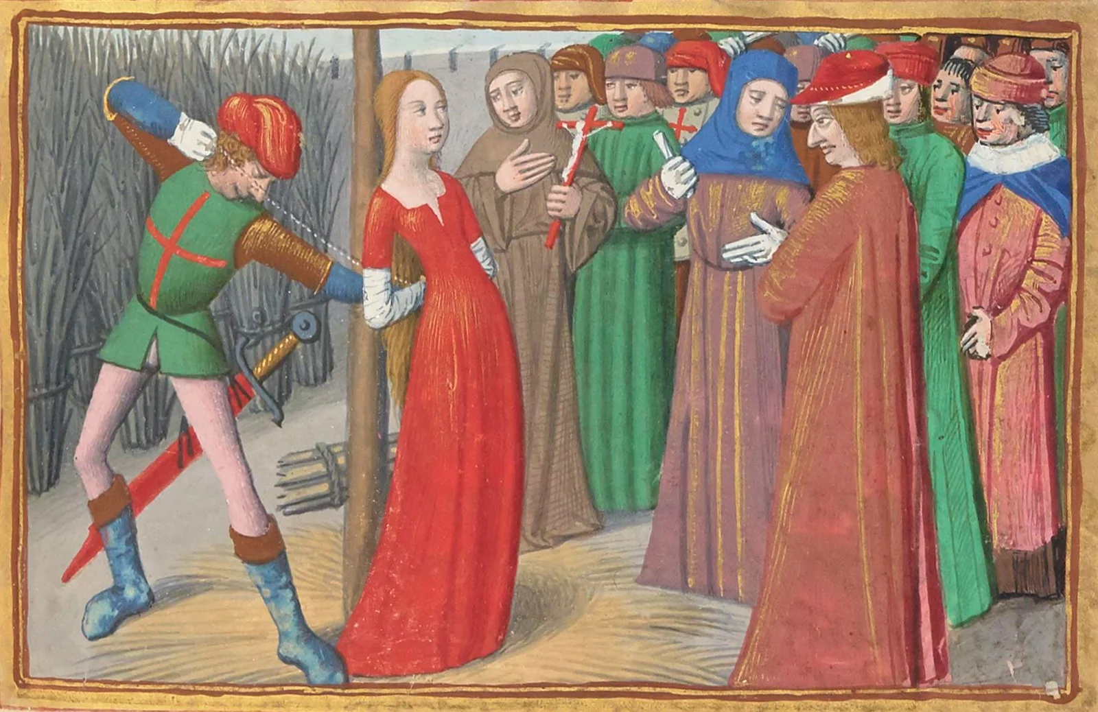 Enluminure médiévale : Jeanne d’Arc, en robe rouge, est saisie par un bourreau devant le bûcher dressé, sous le regard des juges et des témoins, place du Vieux-Marché à Rouen.