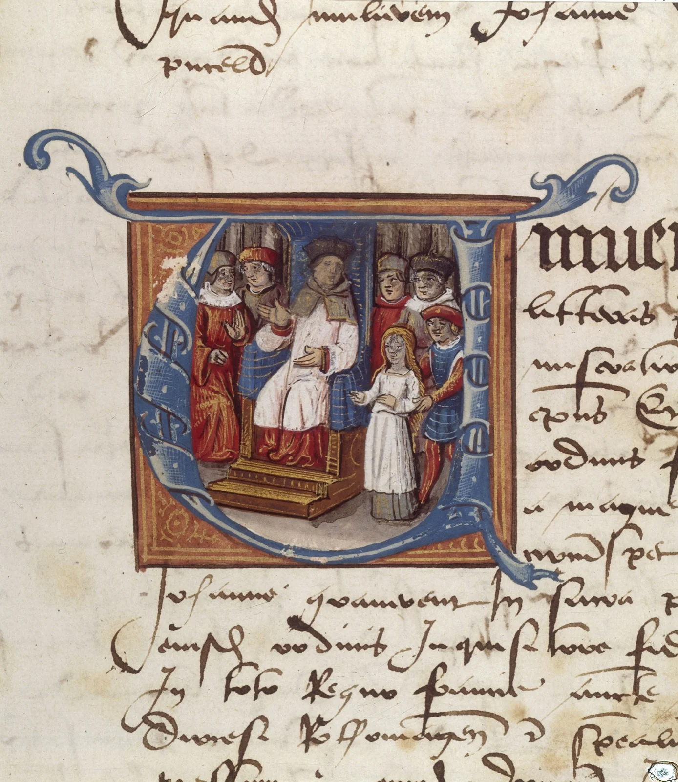 Enluminure montrant la Pucelle présentée à l’évêque Pierre Cauchon et aux juges du procès de Rouen.