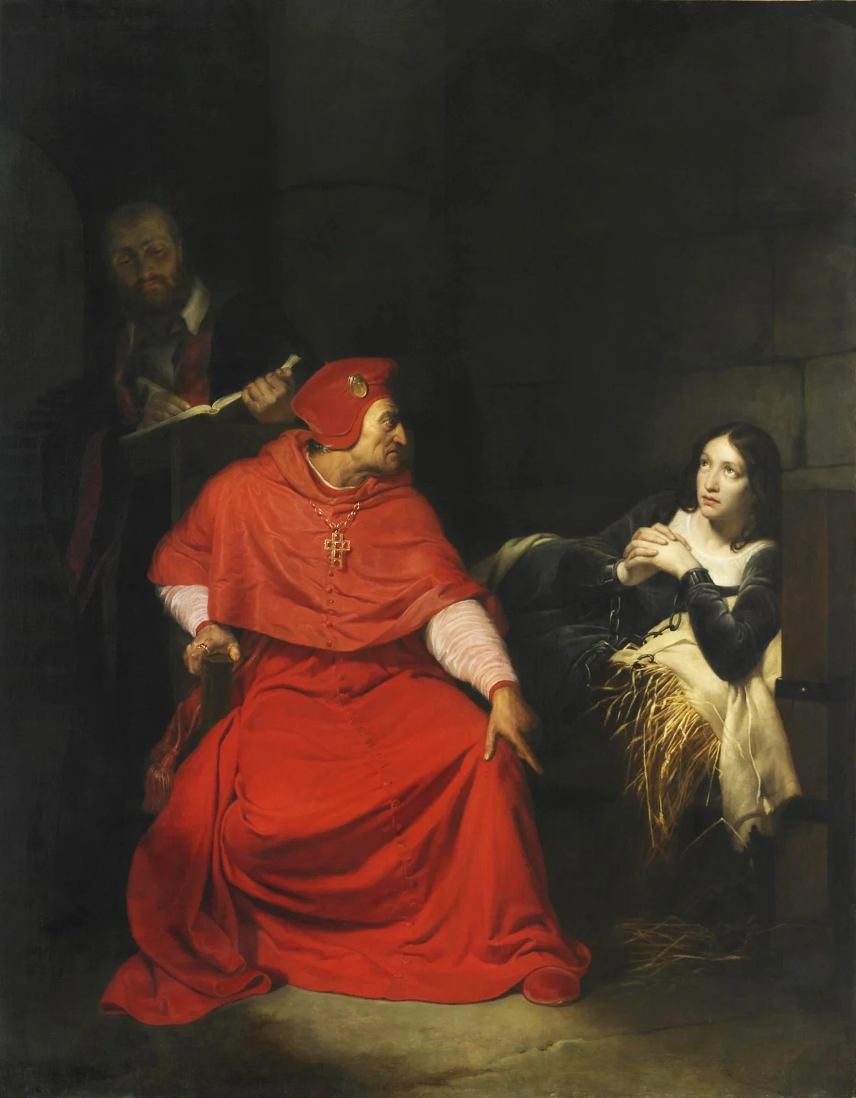 Jeanne d’Arc malade, assise dans sa cellule, interrogée par le cardinal de Winchester et un greffier