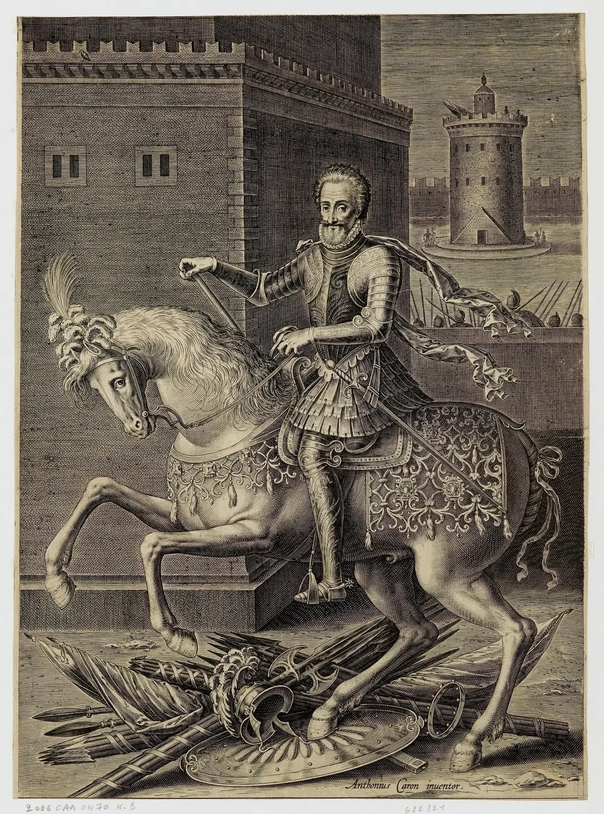 Portrait équestre gravé d'Henri IV en armure, bâton de commandement à la main, armes vaincues au sol.