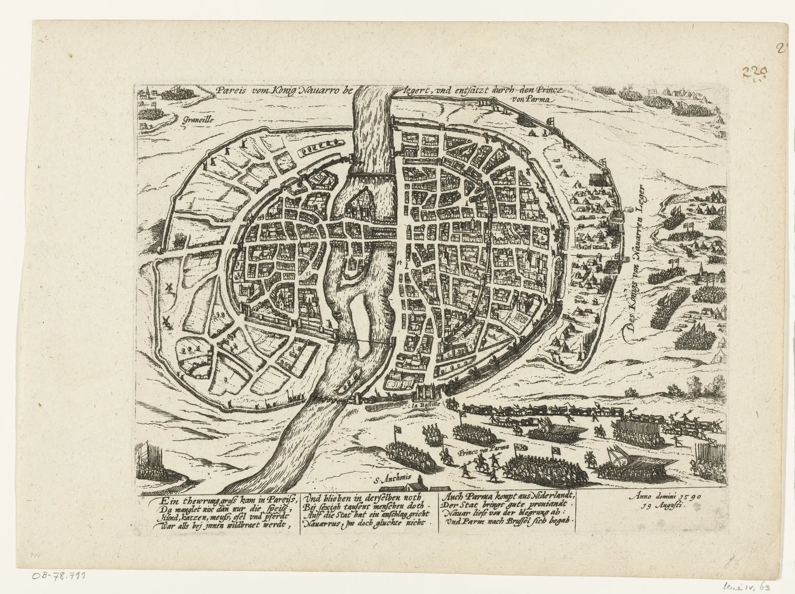 Gravure de 1590 montrant le siège de Paris par les troupes d'Henri IV et son dégagement par les forces espagnoles du duc de Parme, avec les positions des camps autour de la ville.