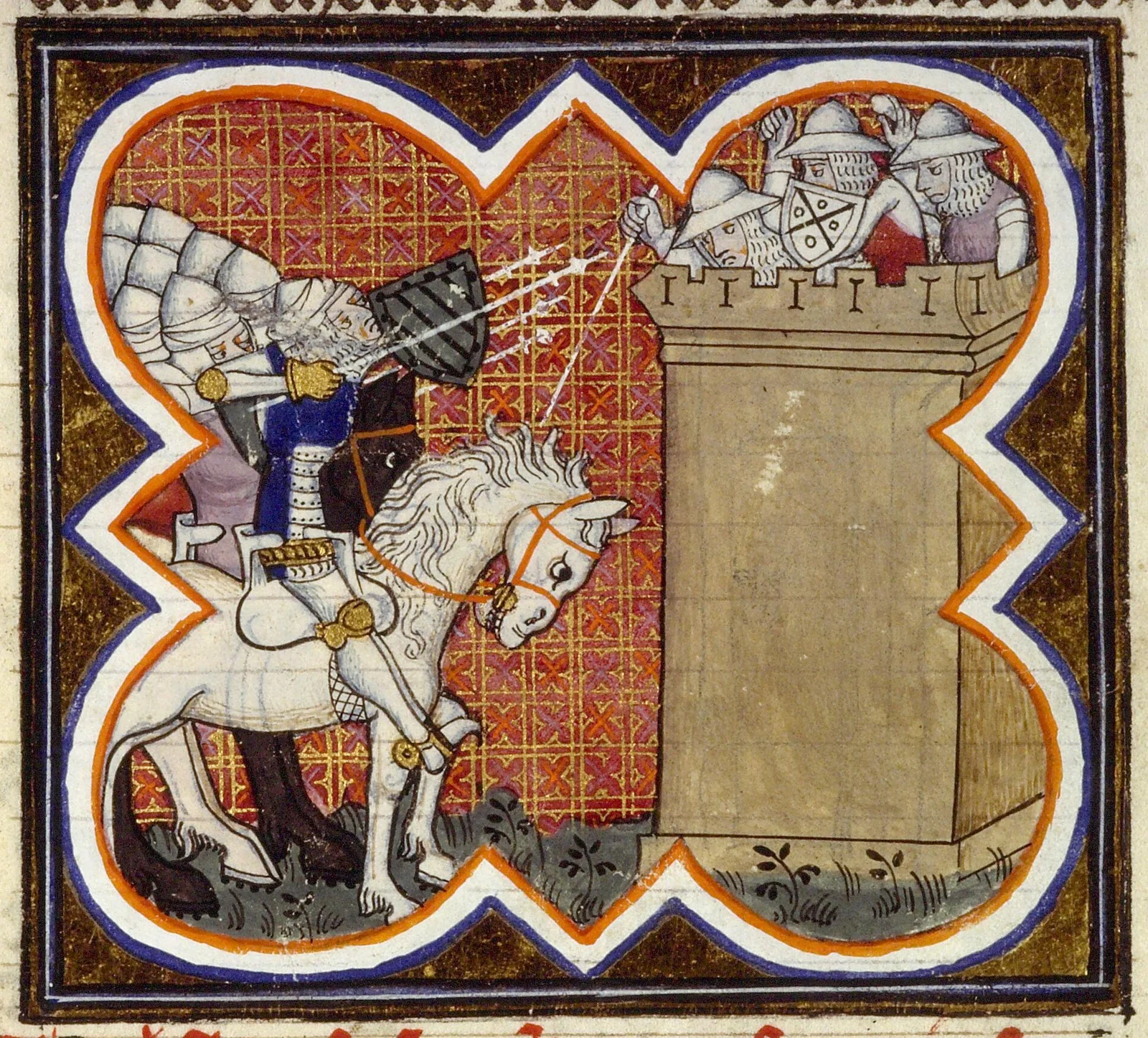 Enluminure médiévale représentant l'assaut d'Acre en 1291 : un chevalier franc en armure, monté sur un cheval blanc, décoche des traits contre une tour fortifiée où des soldats mamelouks se pressent au sommet du rempart.
