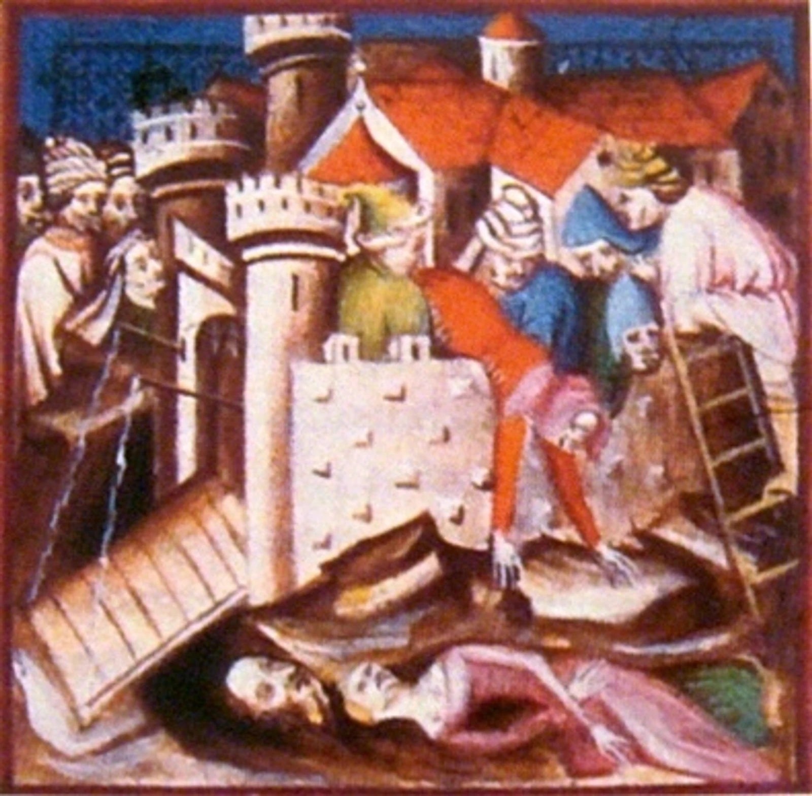 Enluminure médiévale montrant un pan de muraille crénelée effondré en un amas de blocs, un corps gisant à terre parmi les décombres au premier plan, tandis que des assaillants montent à l’assaut par une échelle vers les tours et bâtiments de la ville en arrière-plan.