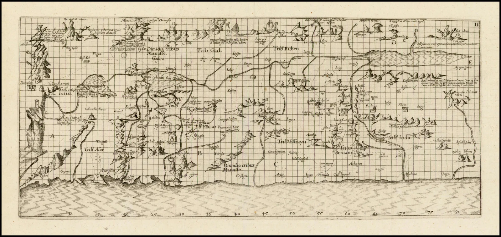 Carte gravée de la Terre sainte et de sa côte, quadrillée et couverte de toponymes latins, avec la mer figurée en bas par des hachures.