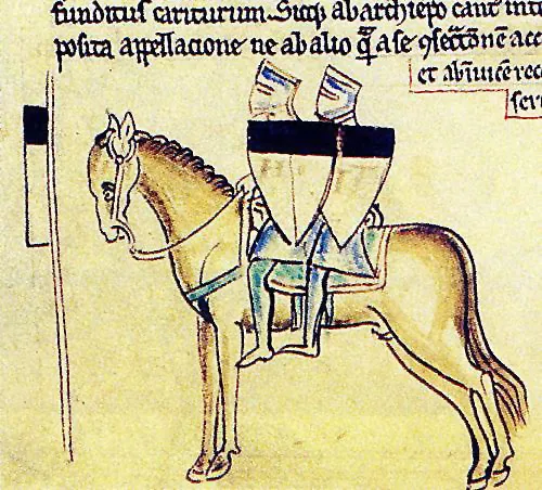 Dessin médiéval de deux chevaliers en armure et casque, chevauchant un même cheval — l’emblème de l’ordre du Temple.