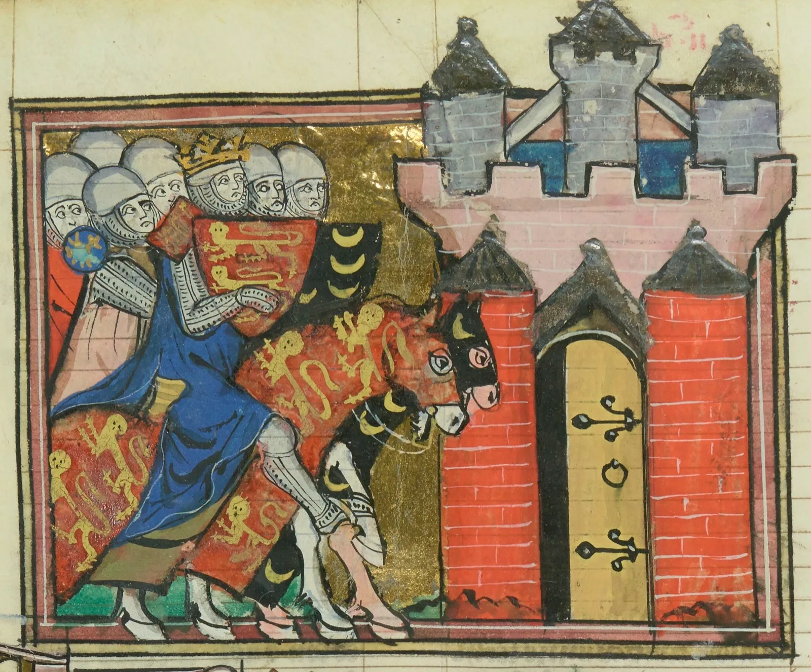 Enluminure médiévale montrant le roi Richard Cœur de Lion, couronné et portant un écu aux léopards, chevauchant en tête de ses chevaliers armés devant les remparts et la porte fortifiée d'une ville.