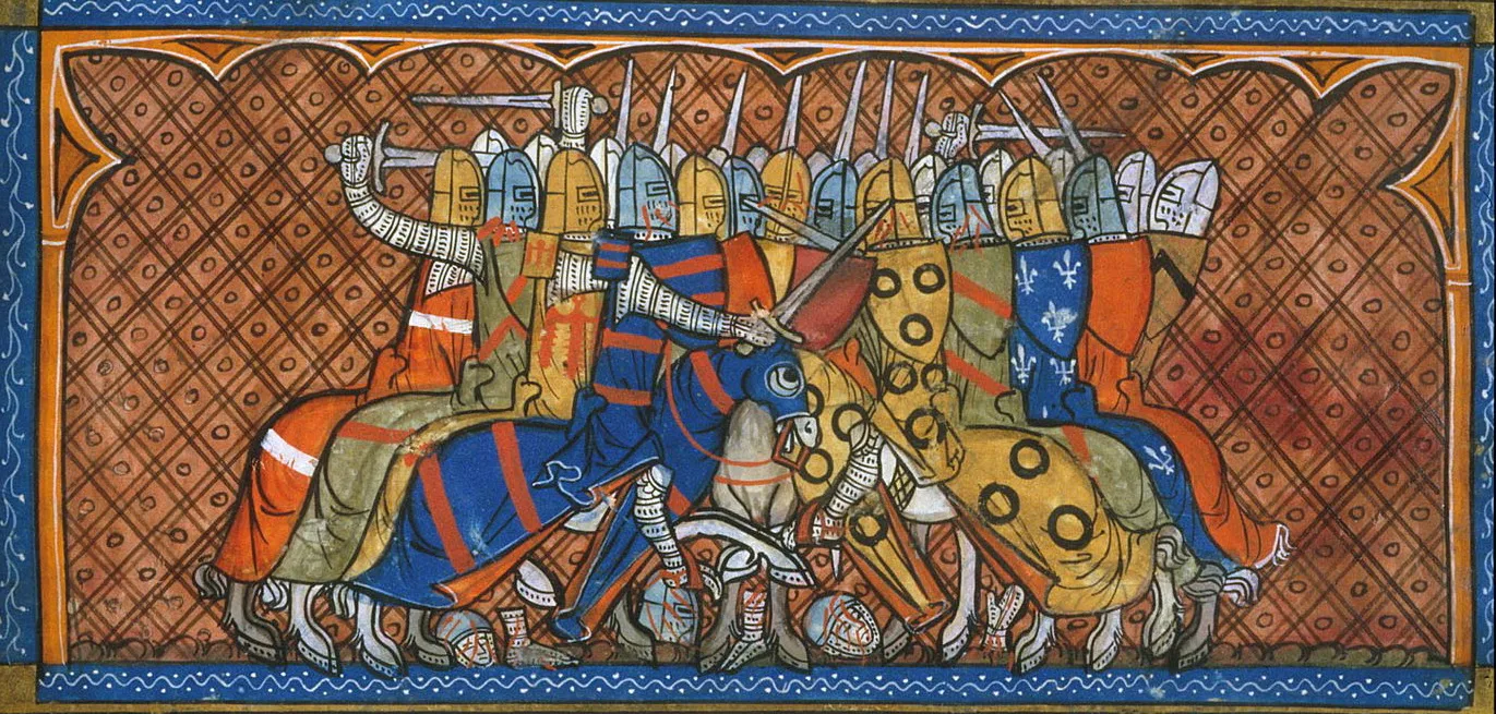 Enluminure médiévale représentant une mêlée de cavalerie : une ligne serrée de chevaliers en armure, montés et casqués, épées et lances levées, se heurtent au corps à corps, les chevaux caparaçonnés emmêlés les uns dans les autres.