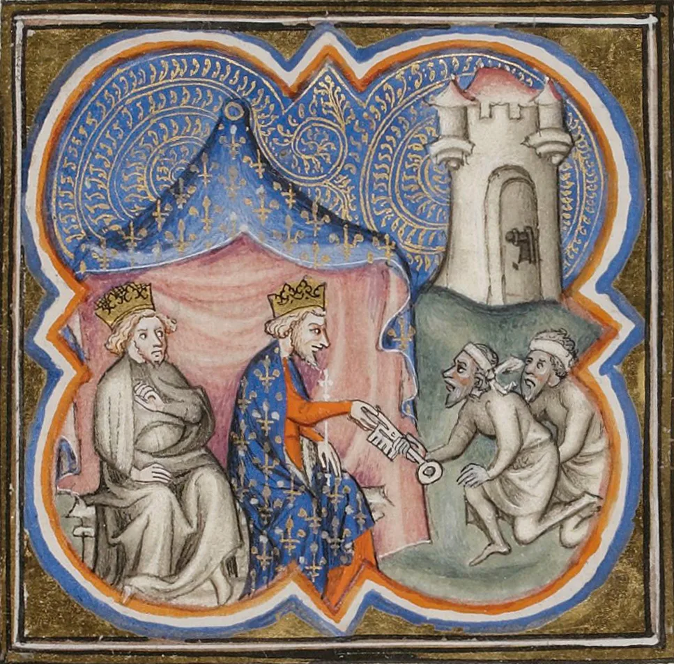 Enluminure médiévale montrant Philippe Auguste et Richard Cœur de Lion recevant les clés de la ville de Saint-Jean-d'Acre en 1191