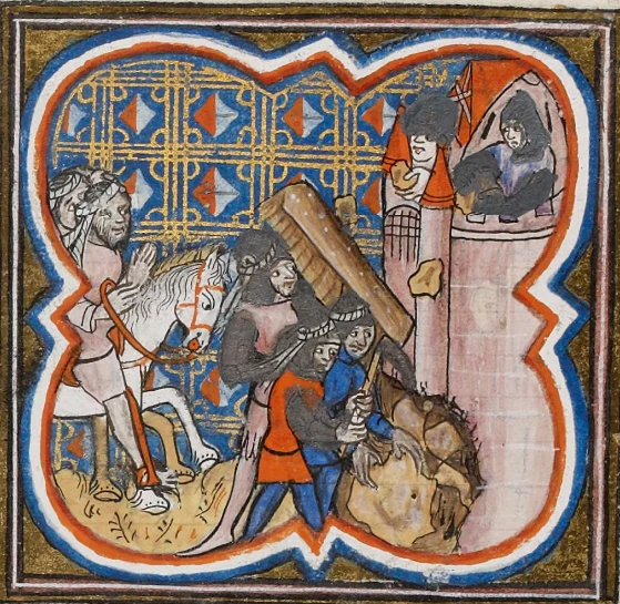 Enluminure médiévale montrant des mineurs portant un mantelet de bois jusqu’au pied d’une tour d’Acre pour la saper, tandis que des défenseurs observent depuis le sommet du rempart et un cavalier attend en arrière-plan.