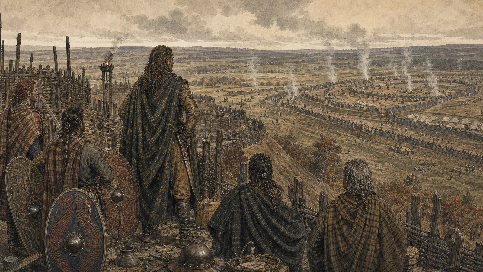 Des chefs gaulois observent les lignes romaines depuis l’oppidum d’Alésia.