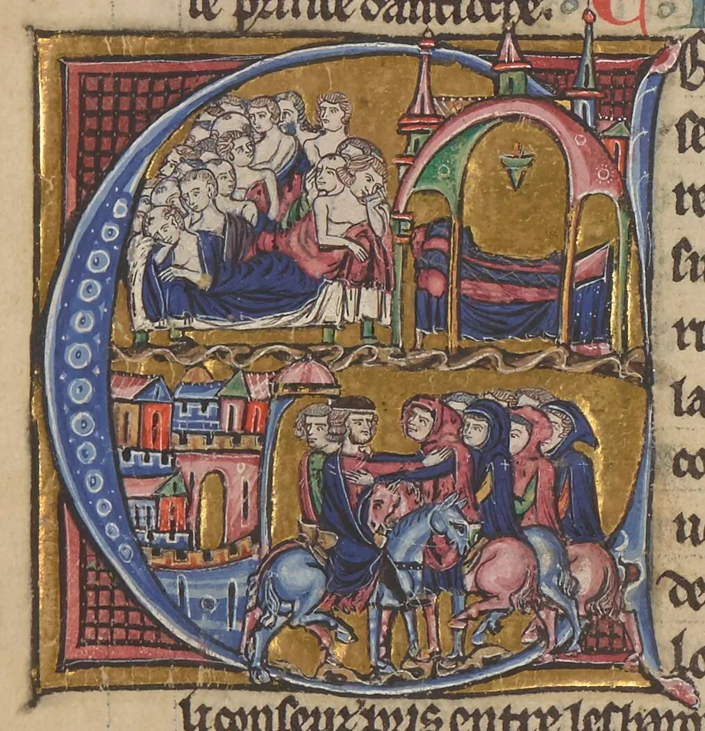 Enluminure médiévale (lettrine « C ») montrant, en haut, des pèlerins malades alités sous une arcade près d'une ville fortifiée, et en bas, des cavaliers se pressant devant les remparts d'Antioche.