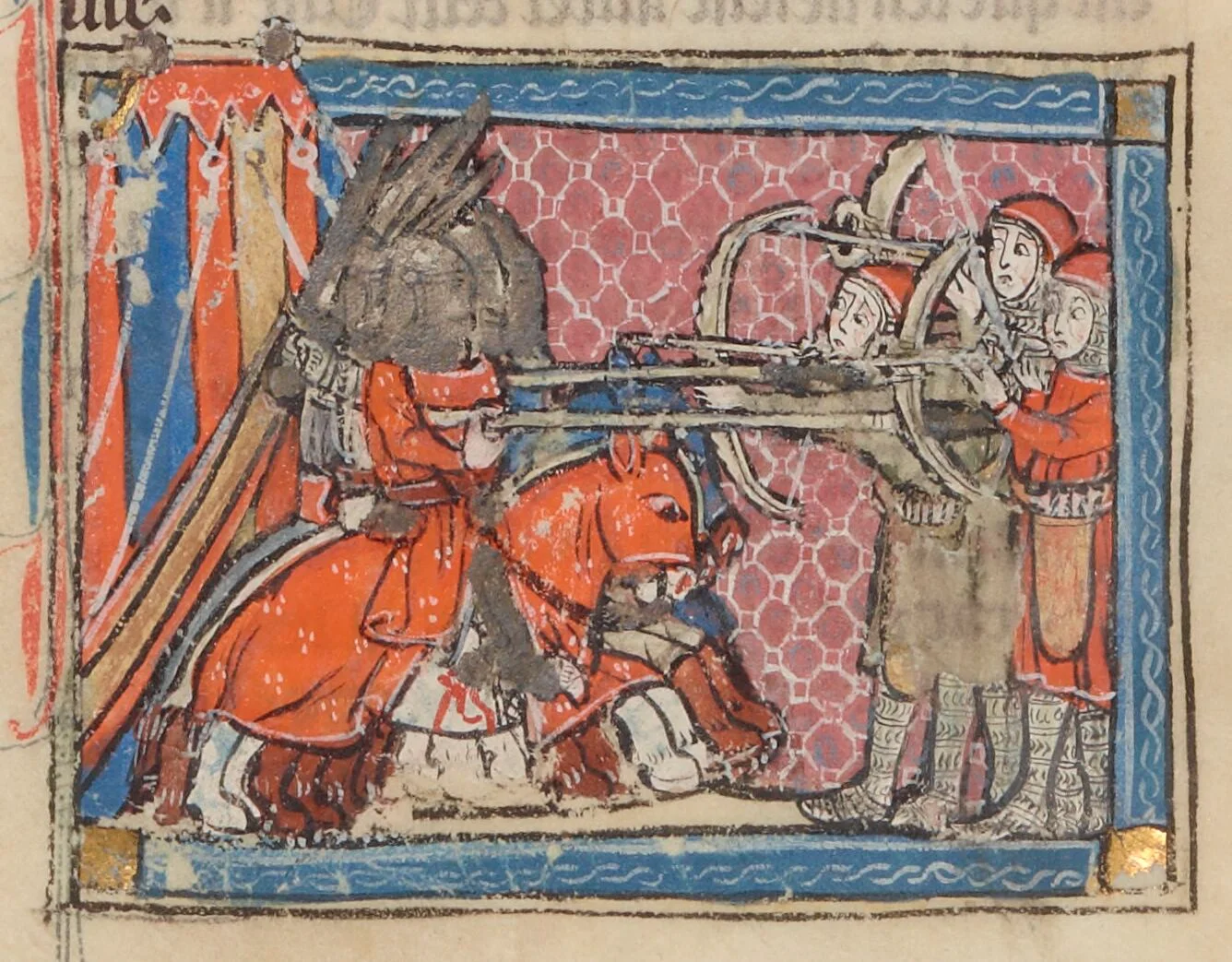 Enluminure médiévale d'un chevalier en armure chargeant lance baissée sur des hommes d'armes à pied armés d'arbalètes, scène de bataille.