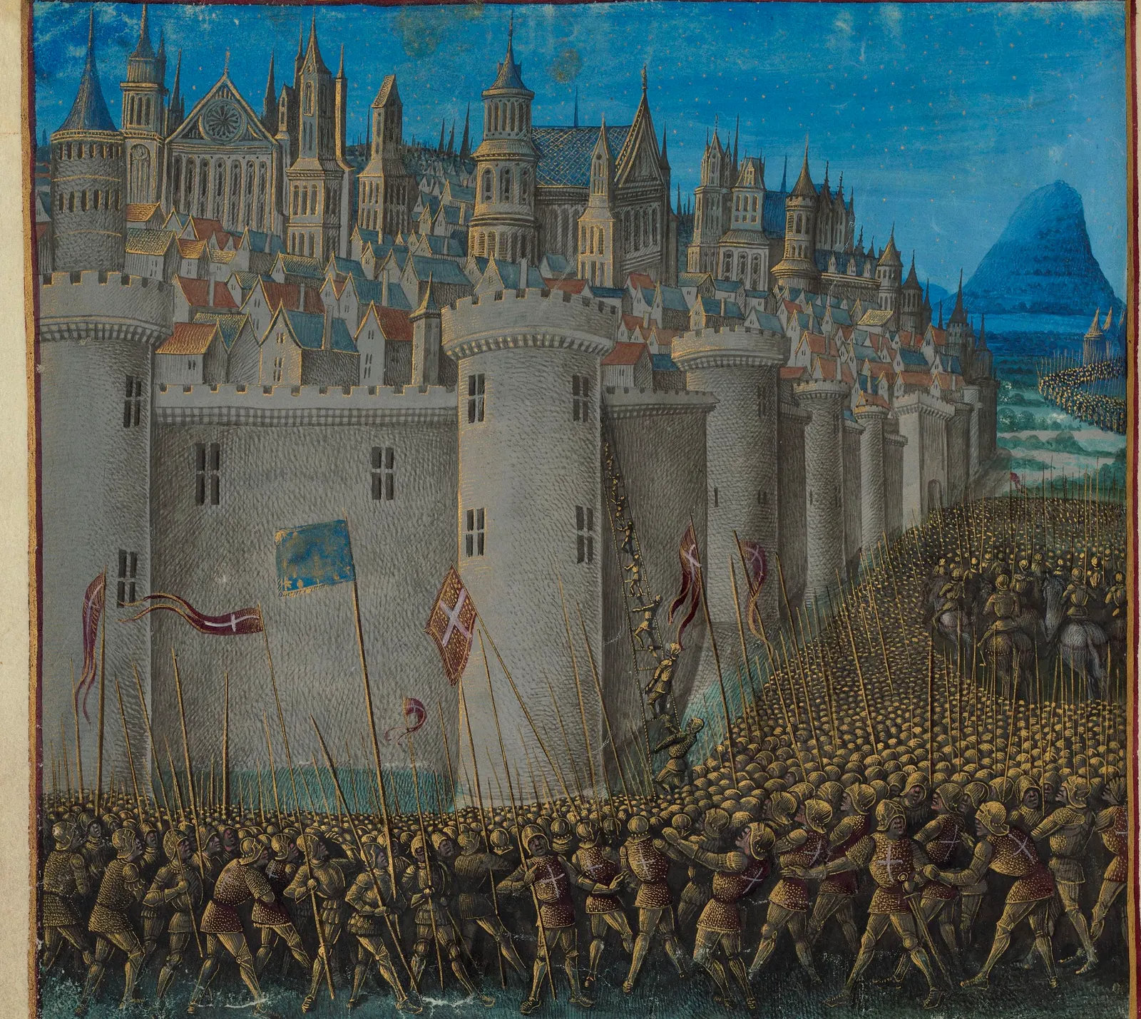 Enluminure médiévale montrant l'armée de la première croisade en marche, bannières et lances dressées, au pied des remparts à tours d'Antioche adossés à la montagne.