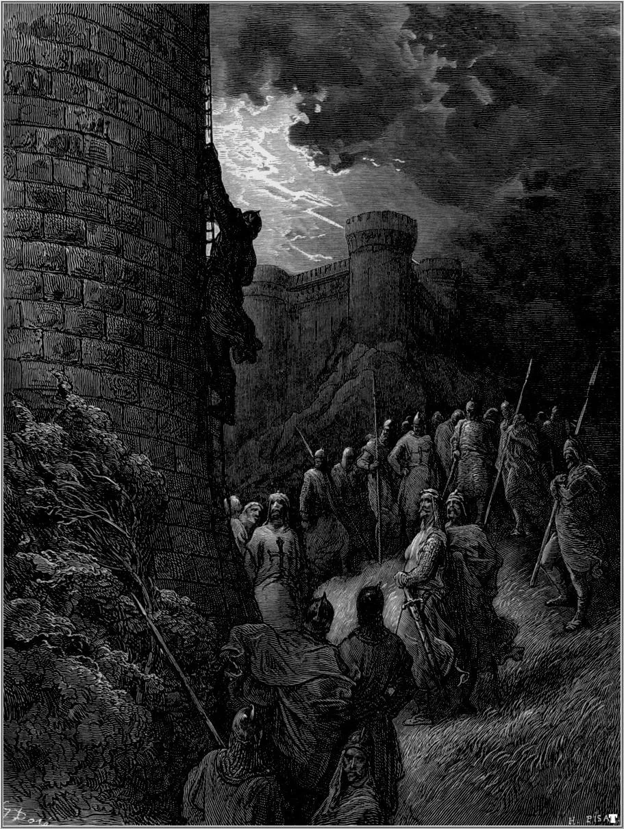 Gravure sombre montrant un croisé escaladant seul, à mains nues, la haute tour d'un rempart d'Antioche sous un ciel d'orage embrasé, tandis que des chevaliers rassemblés au pied de la muraille lèvent les yeux vers lui.