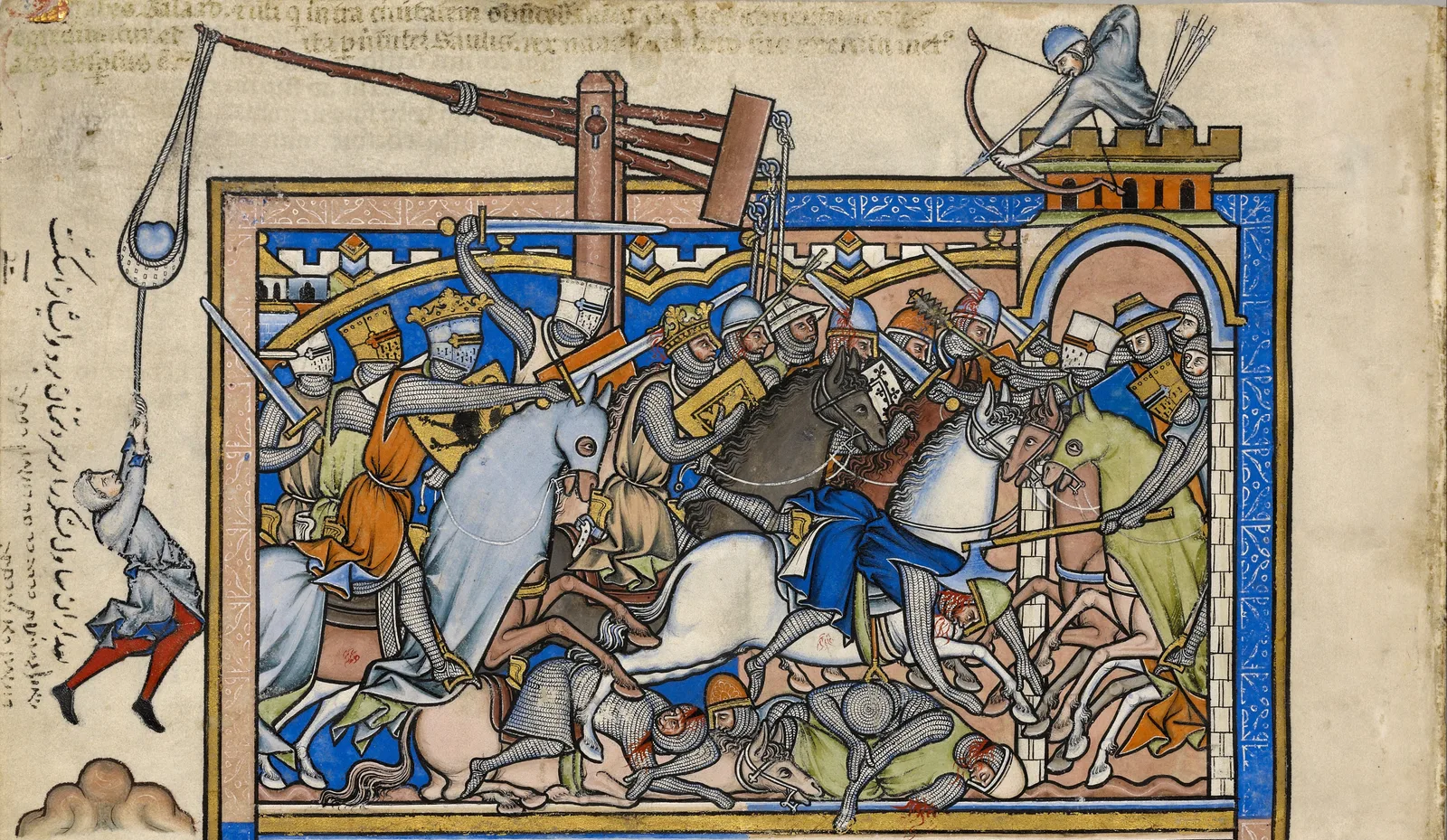 Enluminure médiévale montrant un trébuchet de bois servi par des soldats en cotte de mailles, lançant l’assaut contre une ville aux murs crénelés, au milieu d’une mêlée de cavaliers.