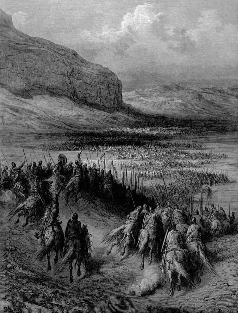 Gravure du XIXe siècle montrant les divisions de chevaliers croisés sortant en rangs de la ville d’Antioche, au pied de la falaise du mont Silpius, face à la vaste armée turque massée dans la plaine.