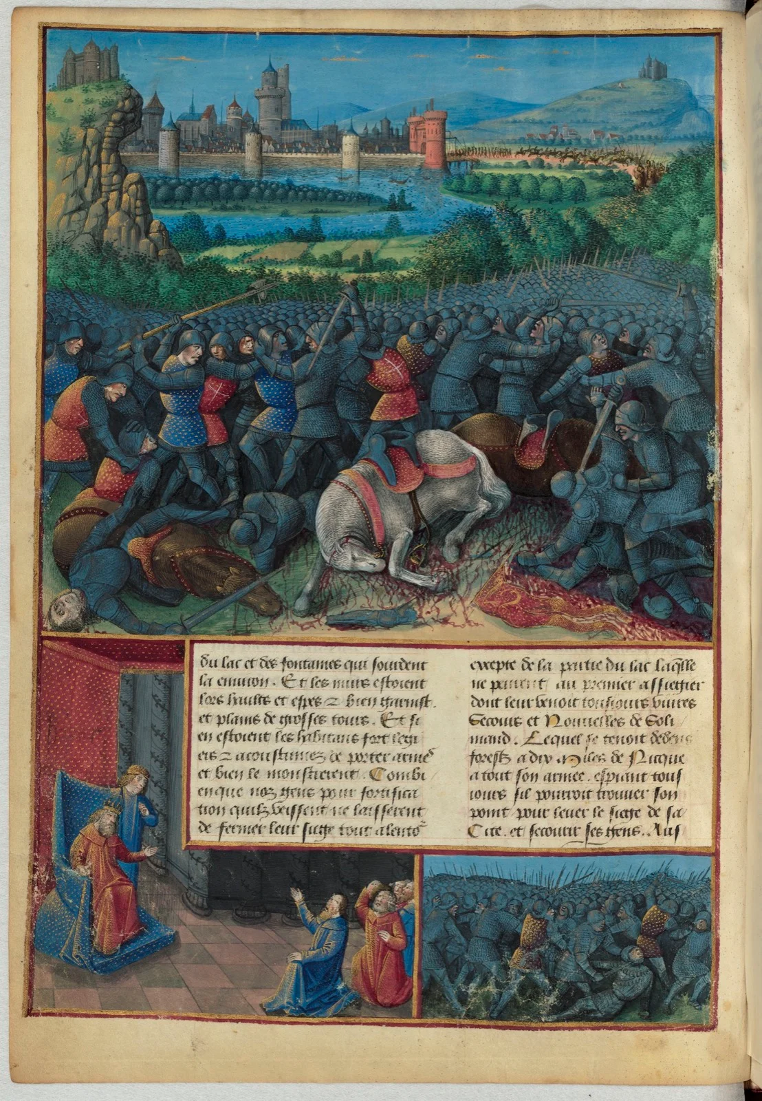 Miniature médiévale montrant une mêlée de chevaliers croisés en cotte de mailles affrontant une armée adverse devant une ville fortifiée, avec un cheval cabré au premier plan.
