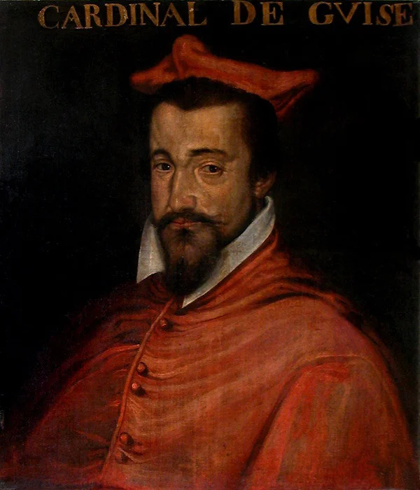 Portrait en buste du cardinal de Guise (Louis II de Lorraine), en habit de cardinal, coiffé de la barrette rouge, avec l'inscription d'époque "Cardinal de Guise".